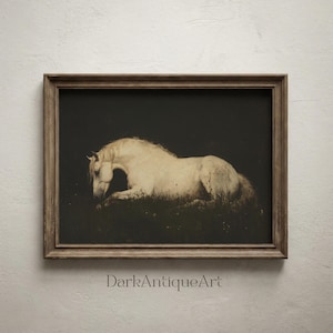 The serene pose of this white horse creates a moody, antique vibe, perfect for dark academia interiors and equine decor enthusiasts.
