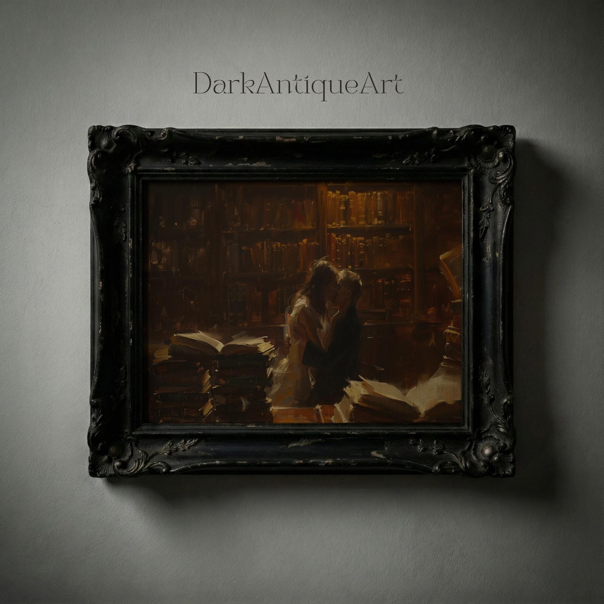 Vintage Library Kiss Art Print: Romantic Couple Painting (digital ...