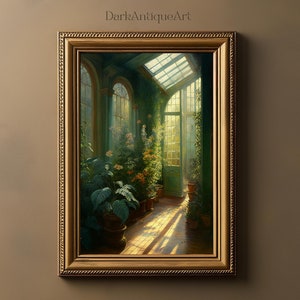Victorian Conservatory Greenhouse Oil Painting | Baroque Botanical Renaissance Art | Tropical Plants | Cottagecore | Light Academia Print