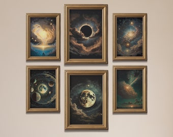 Set of 6 Celestial Prints | Celestial Print | Witch Decor | Dark Academia Decor | Vintage Celestial Wall Art | Digital Download | Printable