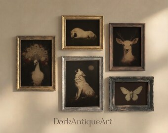 Vintage Animal Portrait Gallery Wall Set, Moody Wildlife Prints, Dark Academia Digital Download