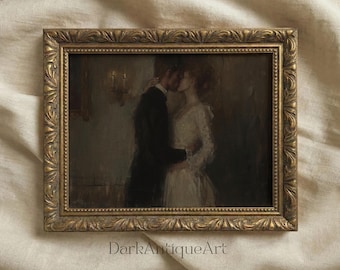 ビクトリア朝のカップルのキス油絵プリント：ロマンチックなダークアカデミアの壁アート（デジタルダウンロード）
