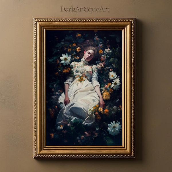 Victorian Woman Floral Print | Victorian Painting | Dark Academia | Gothic Aesthetic Wall Art | Moody Painting | Vintage Witchy Room Decor