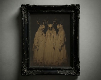 Enigmatische Zusters | Heksenhorror kunstwerk, Dark Academia digitale print, spookachtige gotische wanddecoratie