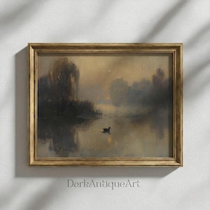 Printable art depicting a calm morning on a gentle lake, ideal for serene home decoration.