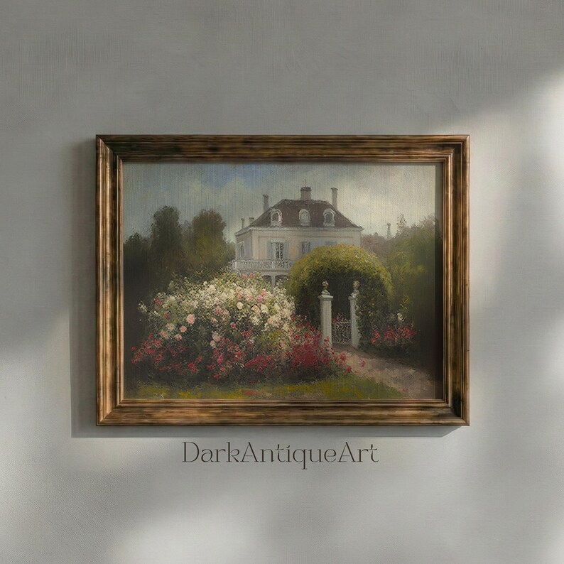 Victorian House Oil Painting: Vintage Rose Garden Art (Digital Download) image 3