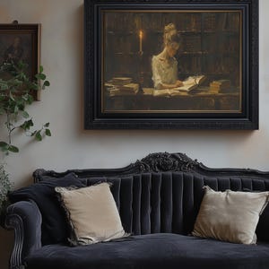 Vintage Oil Painting Woman Reading Library Candlelight Portrait Classic ...