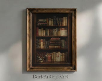 Impressão artística da estante Dark Academia: Biblioteca Vintage (download digital)