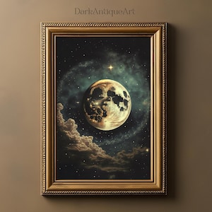 Celestian Mond und Sterne Vintage Malerei | Himmlischer Druck | Dunkle Ästhetik | Gothic Wandkunst | Druckbare Kunst | Sofort Download