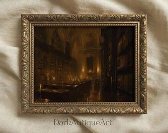 Gothic Library Art Print: Dark Academia Candlelight Decor (Digital Download)