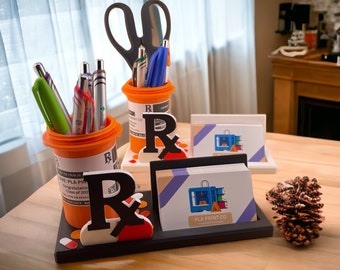 Pharmacy Technician Desk Organizer, Pill Bottle Pen & Business Card Holder Pharmacist Gift