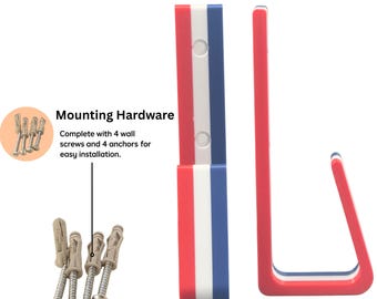 May include: A red, white, and blue wall-mounted phone holder with mounting hardware. The holder has a vertical design with a curved base. The text "Mounting Hardware" is visible, along with the text "Complete with 4 wall screws and 4 anchors for easy installation."