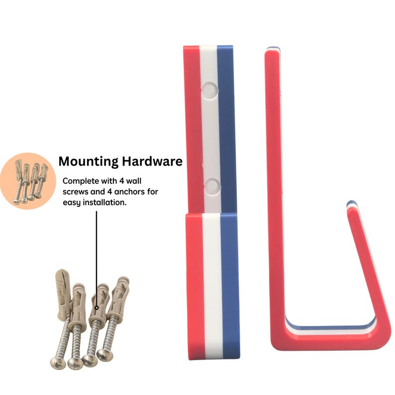 May include: A red, white, and blue wall-mounted phone holder with mounting hardware. The holder has a vertical design with a curved base. The text "Mounting Hardware" is visible, along with the text "Complete with 4 wall screws and 4 anchors for easy installation."