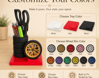 May include: A desk organizer with a red base, featuring a stack of tires holding pens and scissors. A gold wheel rim is displayed next to the tires. The image includes options to customize the tray and wheel rim colors.