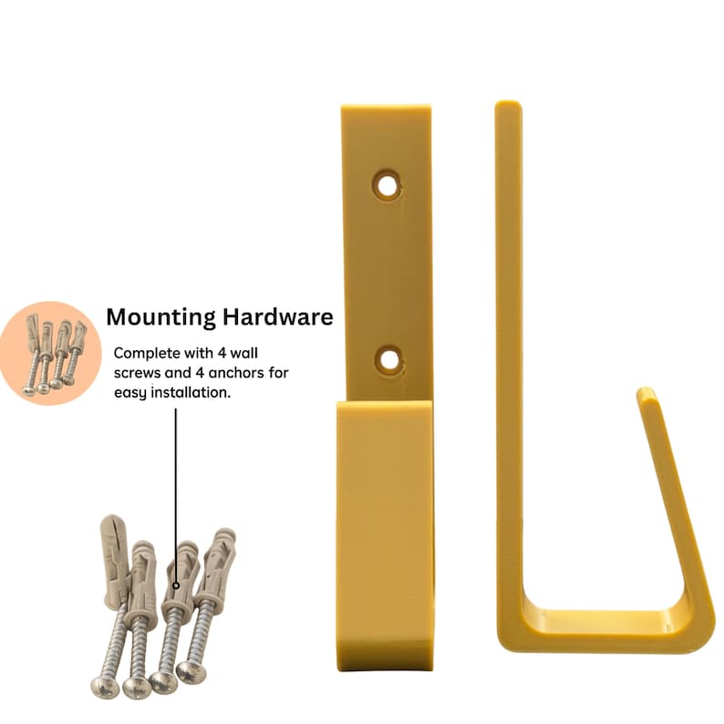 May include: Mustard-yellow wall-mounted hook and mounting hardware. The hook has a rectangular backplate with two screw holes and a curved hook. The hardware includes four wall screws and four anchors. Text reads "Mounting Hardware".
