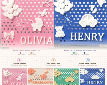 May include: Personalized baby name signs with a girl theme in pink and white, and a boy theme in blue and white. Each sign features decorative elements like balloons, strollers, and toy cars, with the baby's name prominently displayed.