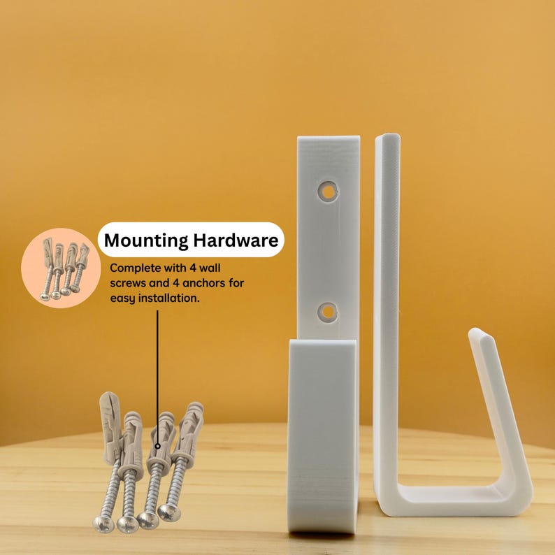 May include: White mounting hardware set with 4 wall screws and 4 anchors for easy installation. The set includes two L-shaped brackets and a U-shaped bracket. The text "Mounting Hardware" is displayed.