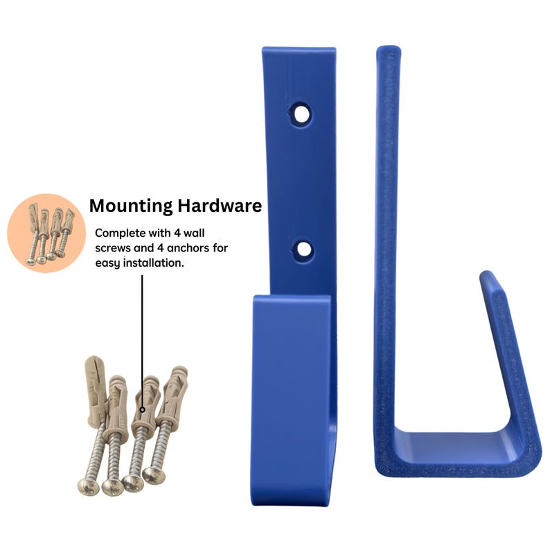 May include: Blue wall-mounted hook with mounting hardware. The hook has a rectangular back with two holes and a curved lower section. The image also shows screws and anchors. Text reads: Mounting Hardware.