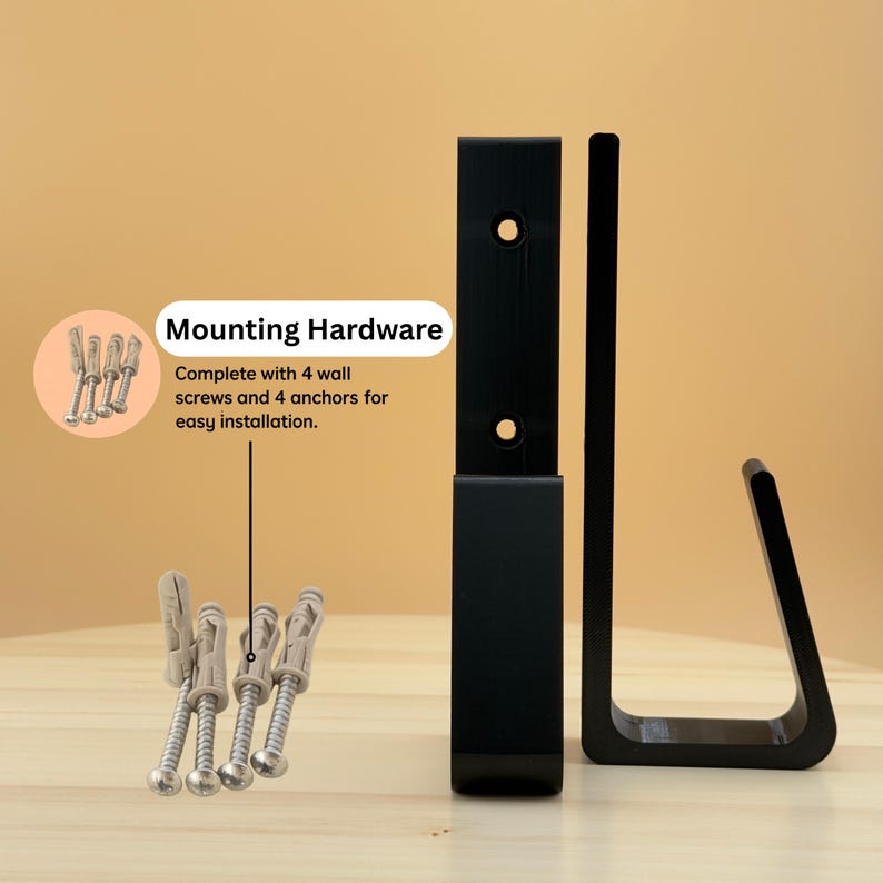 May include: Black metal mounting hardware set with screws and anchors for easy installation. The set includes a vertical bracket, a U-shaped bracket, and mounting hardware. The text in the image says "Mounting Hardware".