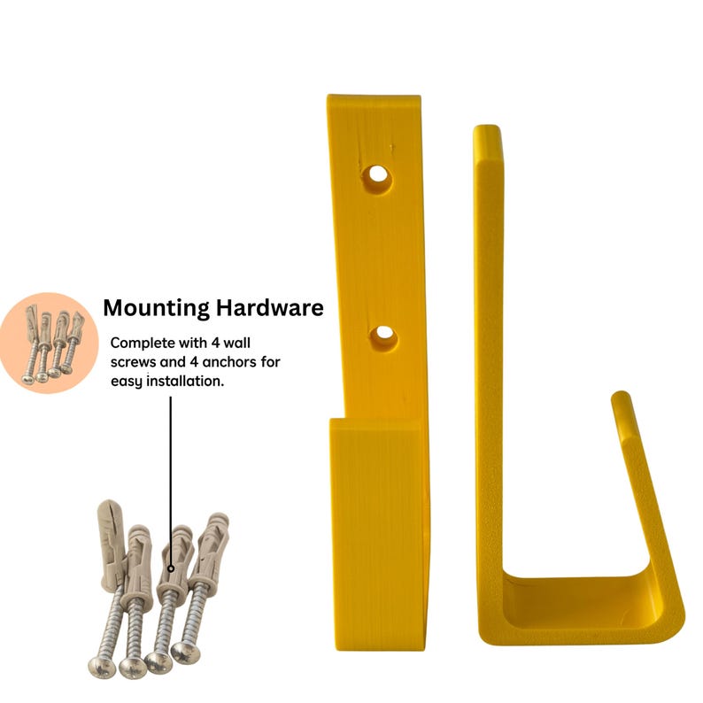 May include: Yellow wall-mounted hook and bracket set. The set includes two pieces, one with two screw holes and the other with a curved hook. The image also shows mounting hardware with screws and anchors. Text on the image reads "Mounting Hardware".