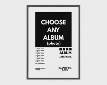 May include: Framed poster with a black and white design. The poster features the text "CHOOSE ANY ALBUM (photo)" in a bold, modern font. Below, there's space for album details, including track names, album length, genre, and release date.