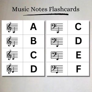 印刷可能な音符フラッシュカード、高音部記号と低音部記号、音楽理論フラッシュカードがすぐにダウンロードできます。