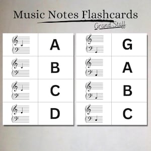 Può includere: Flashcard bianche con note musicali e le lettere A, B, C, D, G. Le flashcard presentano simboli di chiave di violino e di basso con note sul pentagramma. Il testo "Music Notes Flashcards" e "Grand Staff" è in alto.