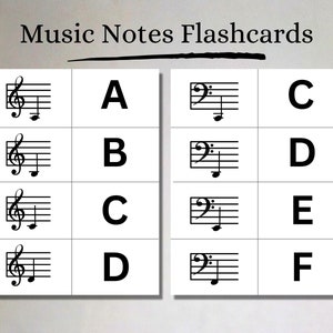 Afdrukbare muziekflashcards, viool- en bassleutel, muziektheorie-flashcards voor directe download in A4 en US Letter