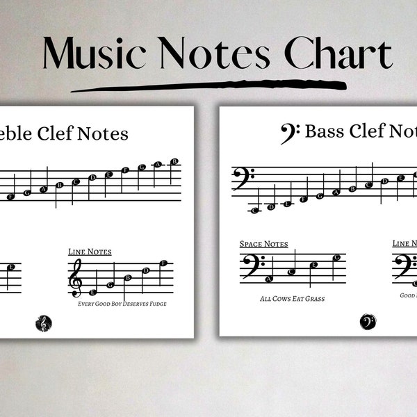 Printable Music Notes Chart, Treble and Bass Clef, Music Theory Poster, Perfect for Learning Music Notes.