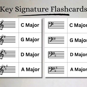 Tarjetas didácticas imprimibles de armaduras de clave, claves mayores, clave de sol y de fa, tarjetas didácticas de teoría musical para descarga instantánea en formato A4 y tamaño carta de EE. UU.