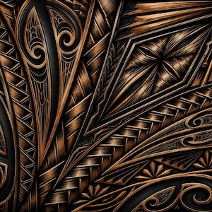 May include: A detailed surface featuring intricate carved patterns in shades of dark brown and black. The design consists of repeating geometric shapes, woven textures, and flowing curved lines that create a complex, layered visual effect.