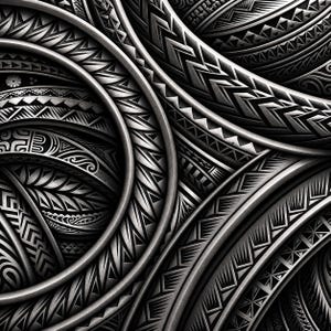Può includere: Immagine in scala di grigi che mostra un motivo ripetuto di disegni tribali stilizzati. Il motivo presenta forme curve, simili a bande, con intricati motivi geometrici e lineari. L'effetto complessivo è un aspetto strutturato e tridimensionale, con variazioni di luce e ombra.