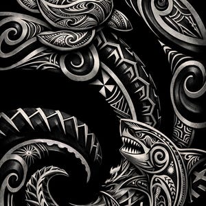 May include: Black and white illustration featuring a turtle and a shark with intricate tribal tattoo designs. The artwork showcases detailed patterns and swirling motifs, creating a dynamic composition against a dark background.