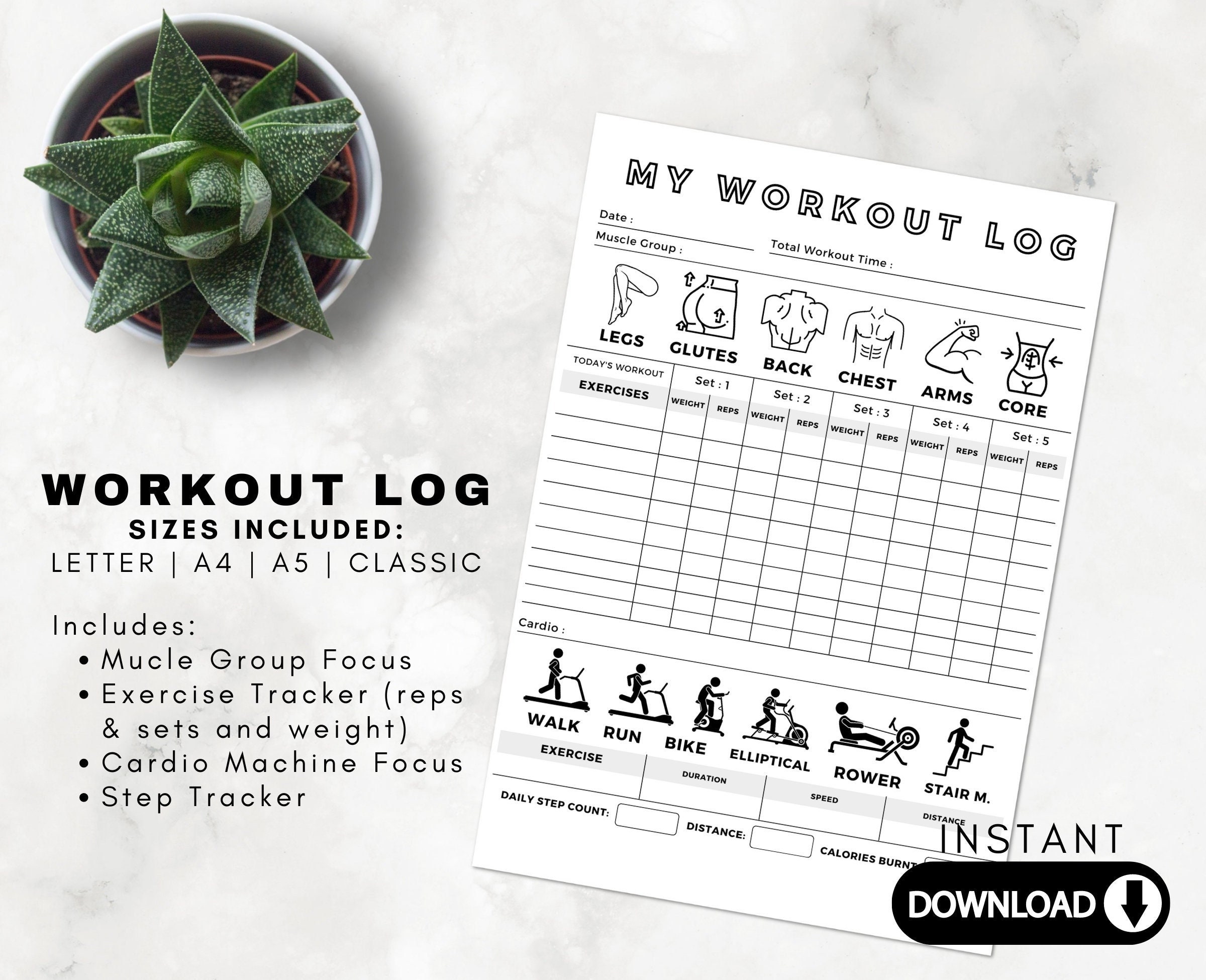 Workout Log Monthly Workout Journal Exercise Log Activity Log Cardio  Tracker Printable Calories Burned PDF A4 A5 Letter 