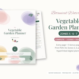 Digitaler Gemüsegartenplaner, Botanische Aquarellfarben (Zonen 5, 6, 7) – Komplettpaket, Fruchtfolge, Herbstgartenplaner, Saatgut-Aufbewahrungsprotokoll