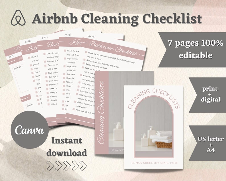 Dusty Rose Airbnb Cleaning Checklist, Pink Air Bnb Canva Template
