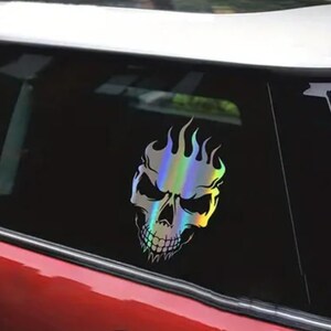 Fire skull holographic laser car truck window decal. evil decal