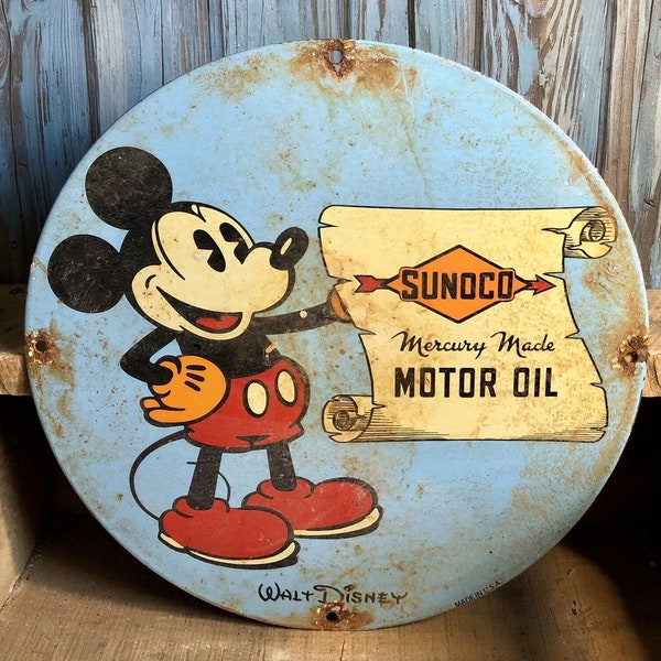 2” Sunoco Mercury Motor Oil Disney Mickey Mouse Porcelain Gas Pump Plate Sign