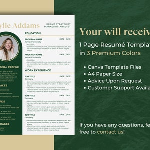 May include: A green and white resume template with a photo of a woman in the top left corner. The text "Your will receive:" is in the top right corner. The text "1 Page Resum&eacute; Template in 3 Premium Colors" is below it. The text "Canva Template Files, A4 Paper Size, Advice Upon Request, Customer Support Available" is below that. The text "If you have any questions, feel free to contact us!" is at the bottom of the page.