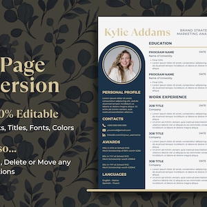 May include: A dark blue and gold resume template with a photo of a woman smiling. The resume includes sections for education, work experience, personal profile, contacts, awards, and languages. The text "Kylie Addams" is at the top of the resume.