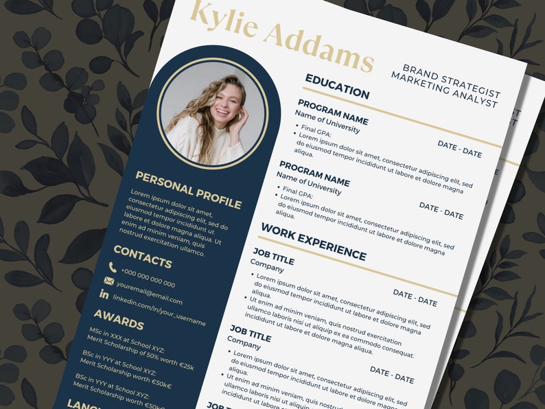 May include: A blue and gold resume template featuring a photo of a woman smiling. The resume is divided into sections for personal profile, contacts, awards, education, and work experience. The text on the resume includes the name Kylie Addams, Brand Strategist, Marketing Analyst, and the title of the document, "Resume".