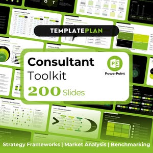 May include: A PowerPoint presentation template titled "Consultant Toolkit" with 200 slides. The image features a green and white design with various charts and graphs. The text "Strategy Frameworks | Market Analysis | Benchmarking" is at the bottom.