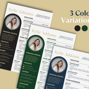 May include: Three variations of a CV template with a black, green, and blue colour scheme. The template features a circular photo of a woman, a section for personal profile, work experience, education, awards, contacts, and languages. The text "Kylie Addams" is at the top of each CV.