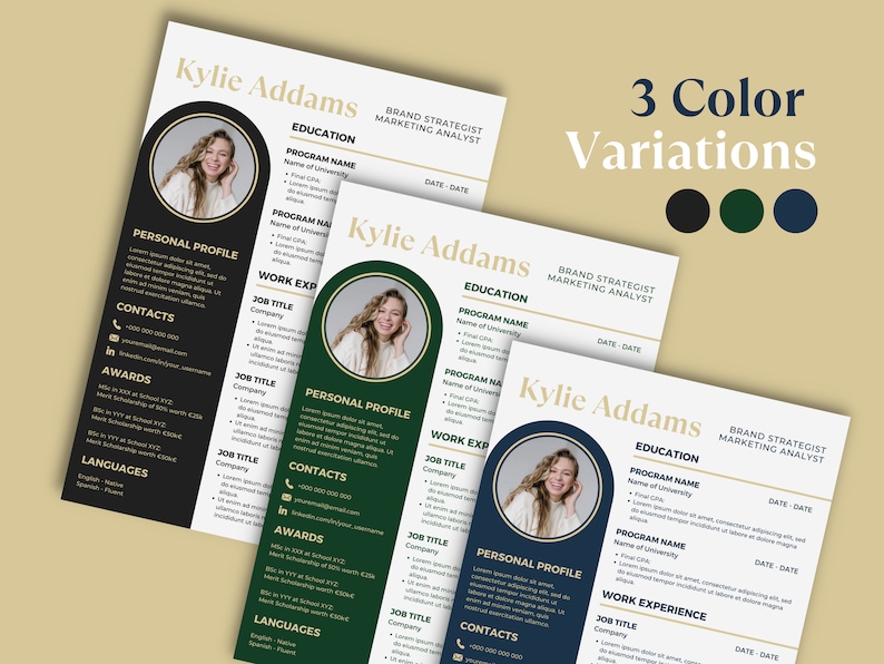 May include: Three variations of a CV template with a black, green, and blue colour scheme. The template features a circular photo of a woman, a section for personal profile, work experience, education, awards, contacts, and languages. The text "Kylie Addams" is at the top of each CV.