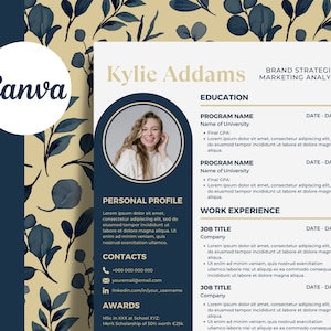 May include: A resume template with a floral background. The resume is for Kylie Addams, a Brand Strategist and Marketing Analyst. The resume includes sections for personal profile, education, work experience, contacts, and awards.