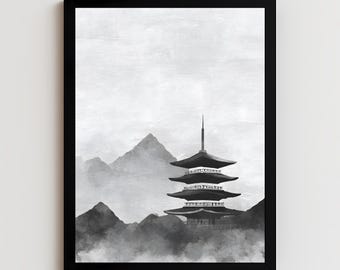 Japanese Pagoda Print: Zen Landscape Ink Wall Art (Digital Poster)