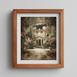 May include: A framed print depicting a classical building with columns, possibly a temple, in muted shades of brown, grey, and white. The artwork is presented within a light brown wooden frame, offering a traditional appearance.
