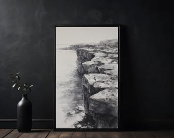 Japanese Ink Cliff Landscape Art: Minimalist Zen Home (Digital Poster)