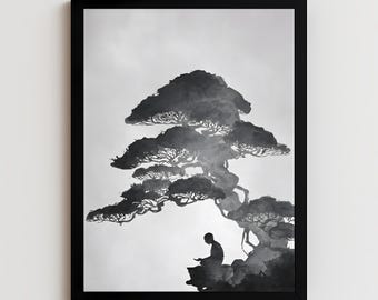 Zen Tree Meditation Art: Japanese Ink Print (Digital Poster)