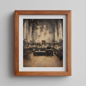 May include: A framed sepia-toned print of a library interior. The image shows a person seated on a sofa, surrounded by bookshelves and tall arched windows. The wooden frame adds a classic touch to the artwork.